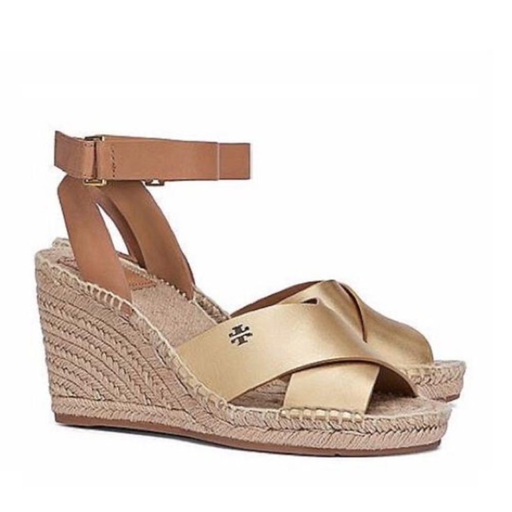 Tory Burch // Bima Leather Wedge Espadrille Sandal, Gold/Royal Tan